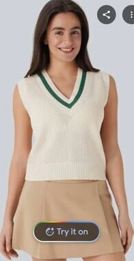 Halara Cream Green Preppy V Neck Sleeveless Knit Top Vest